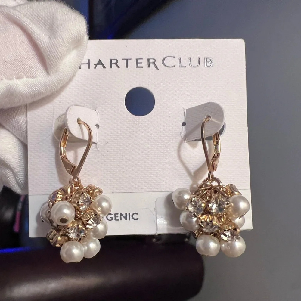 Charter Club Gold and Pearl Cluster Earrings